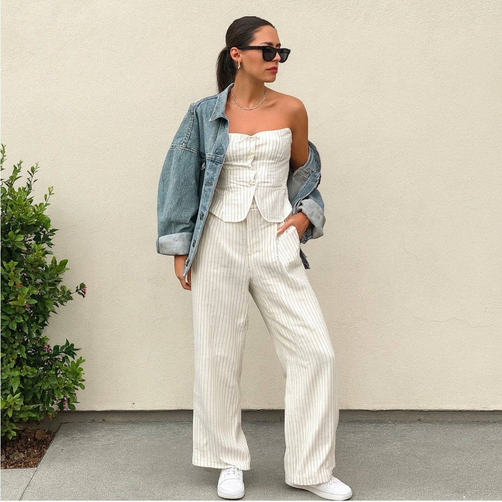 Wild Fable 2-Piece Cream Striped Wide-Leg Pants (S) & Top (M) Linen Blend